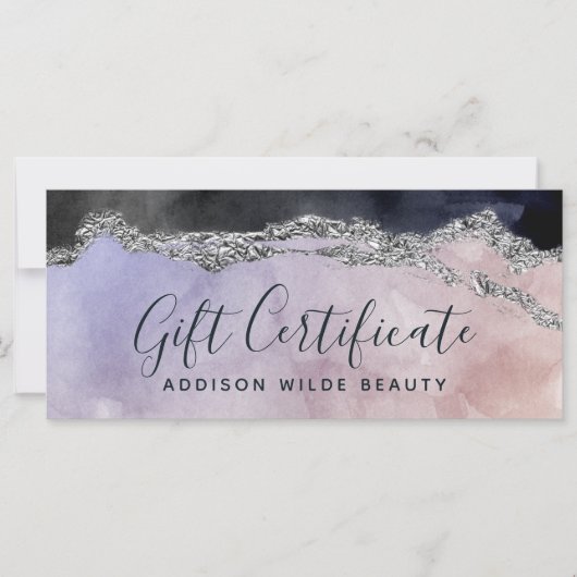 水彩紫色の黒銀のギフト証明書 (正面)