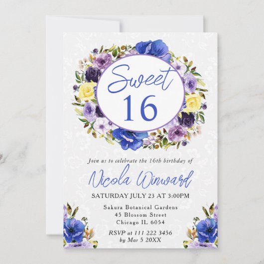 水彩紫色和奶油色花环甜蜜十六岁生日 招待状 (正面)