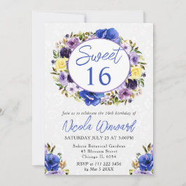 水彩紫色和奶油色花环甜蜜十六岁生日 招待状