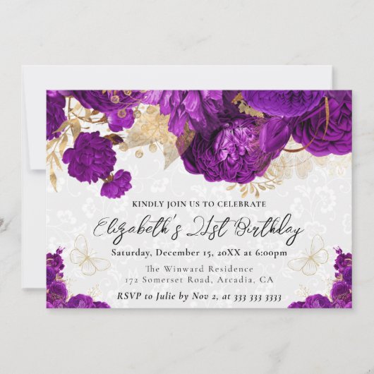 水彩紫色和金色花卉 21岁生日 招待状 (正面)