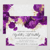 水彩紫色和金色花卉 21岁生日 招待状 (正面/裏面)