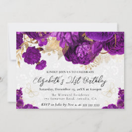 水彩紫色和金色花卉 21岁生日 招待状
