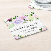 水彩紫色夏季花卉 婚前シャワー スクエアペーパーコースター (アングル)