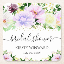 水彩紫色夏季花卉 婚前シャワー スクエアペーパーコースター