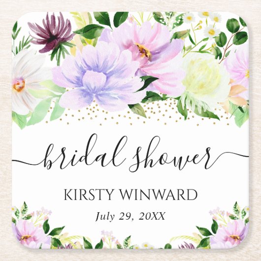水彩紫色夏季花卉 婚前シャワー スクエアペーパーコースター (正面)