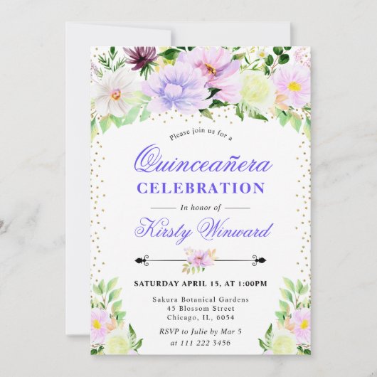 水彩紫色夏季花卉 quinceañera 招待状 (正面)