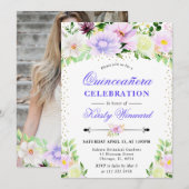 水彩紫色夏季花卉 quinceañera 招待状 (正面/裏面)