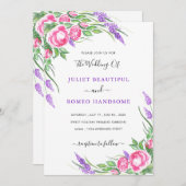 水彩紫色粉紅花卉婚禮請柬 (正面/裏面)