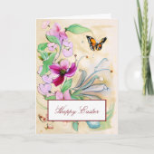 水彩紫色花と蝶のイースター シーズンカード (正面)