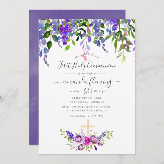 水彩紫色花卉初领圣体 招待状 (正面/裏面)