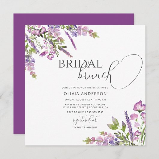 水彩紫色花卉婚前 brunch 招待案内 招待状 (正面/裏面)