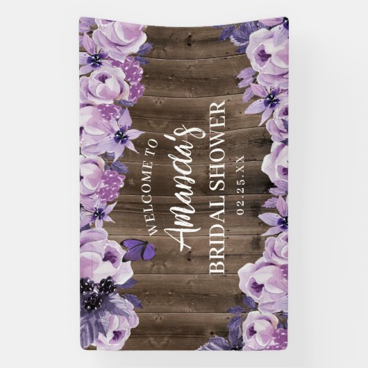 水彩紫色花卉農村風木製結婚前祝賀会 横断幕 (縦)