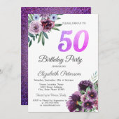 水彩紫色花卉50岁生日派对 招待状 (正面/裏面)