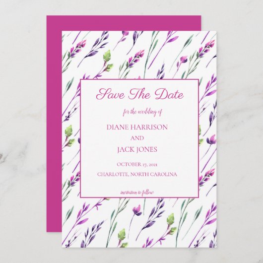 水彩紫色花卉 保存日期婚礼 招待状 (正面/裏面)