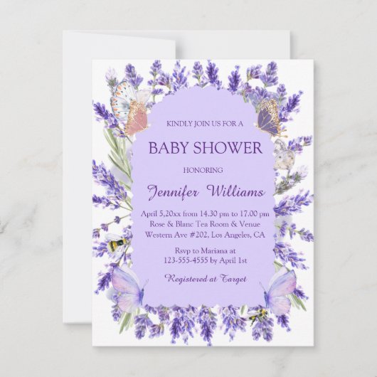 水彩紫色藤フローラベビシャワーシック 招待状 (正面)