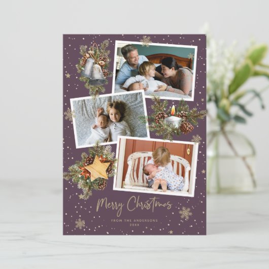 水彩紫色金ゴールド写真メリークリスマスカード シーズンカード (スタンド正面)