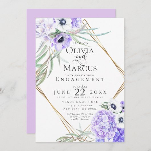 水彩紫色風信子花卉幾何邊框 招待状 (正面/裏面)