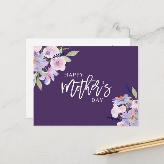水彩紫花幸せな母の日  シーズンポストカード (正面/裏面インサイチュ)
