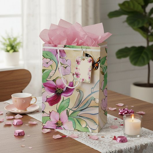 水彩紫花蝶 ミディアムペーパーバッグ