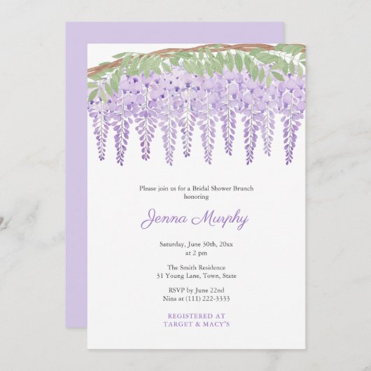 水彩紫藤ブライダルシャワーパーティー 招待状 (正面/裏面)
