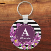 水彩紫虹彩フローラ白黒ストライプ キーホルダー (正面)