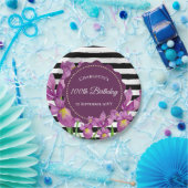 水彩紫虹彩フローラ白黒ストライプ ペーパープレート (パーティー)