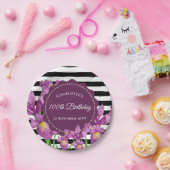 水彩紫虹彩フローラ白黒ストライプ ペーパープレート (パーティー)