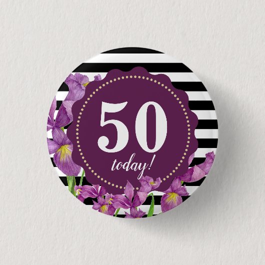 水彩紫虹彩フローラ白黒ストライプ 缶バッジ (正面)