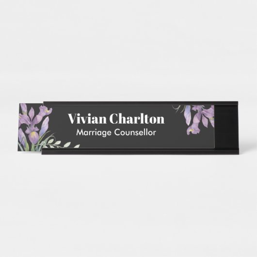 水彩紫虹彩植物性フローラ絵画ズ デスクネームプレート (正面)