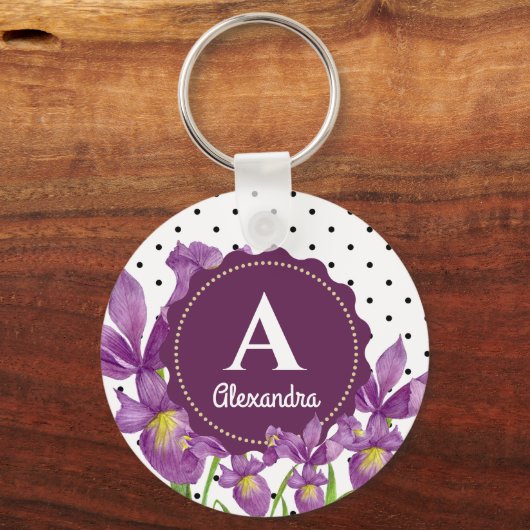 水彩紫虹彩植物水玉模様 キーホルダー (正面)