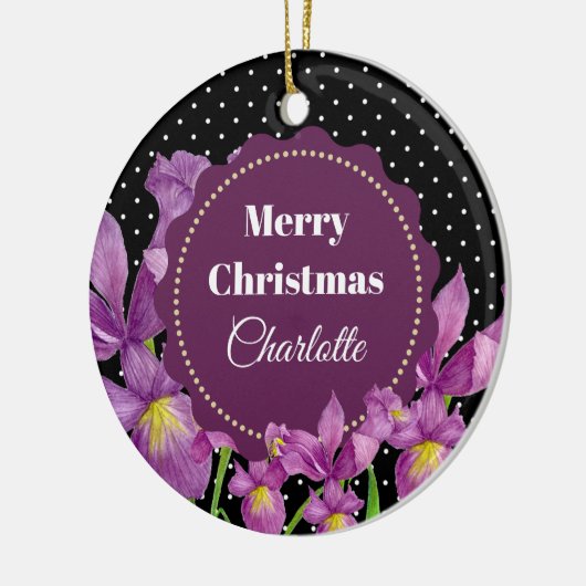 水彩紫虹彩植物水玉模様 セラミックオーナメント (左)