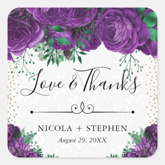 水彩紫釉バラ結婚ズ スクエアシール (正面)