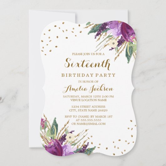 水彩紫金ゴールド花第16回バースデーパーティー 招待状 (正面)