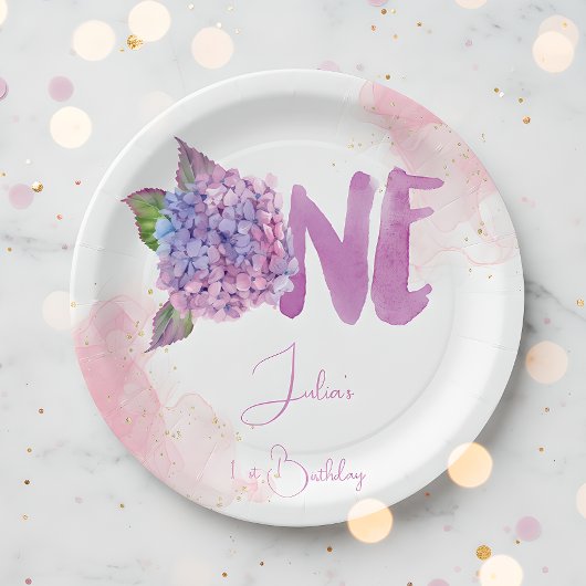 水彩紫陽花第1誕生日 ペーパープレート