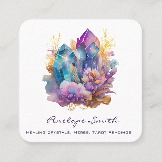 水彩紫青の結晶と花 スクエア名刺 (正面)