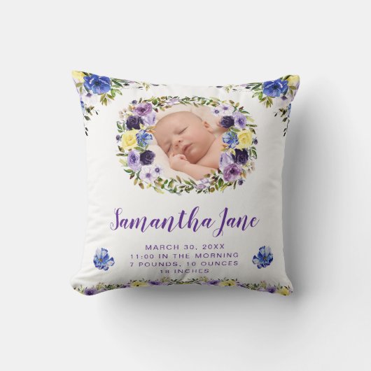 水彩紫&クリームフラワーズベビー写真 クッション (正面)