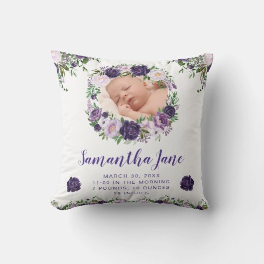 水彩紫&クリームフラワーズベビー写真 クッション (正面)