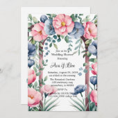 水彩結婚のアーチピンク&ブルー開花シャワー 招待状 (正面/裏面)
