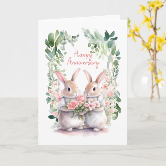 水彩結婚の花を咲かせるアニバーサリーウサギ カード (黄色い花)