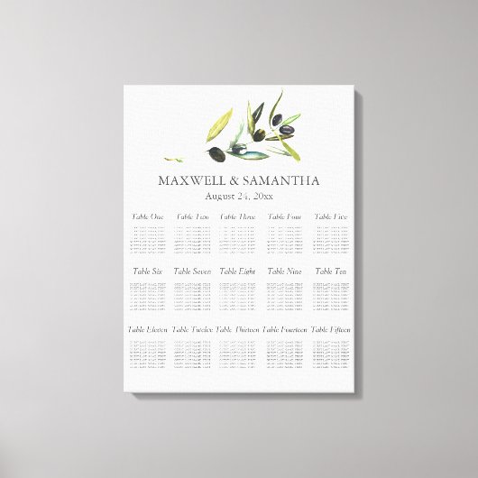 水彩結婚シーティングチャートボタニックオリーブ キャンバスプリント (正面)