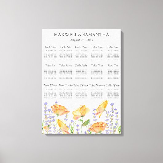 水彩結婚シーティングチャートワイルドフラワーテーマ キャンバスプリント (正面)