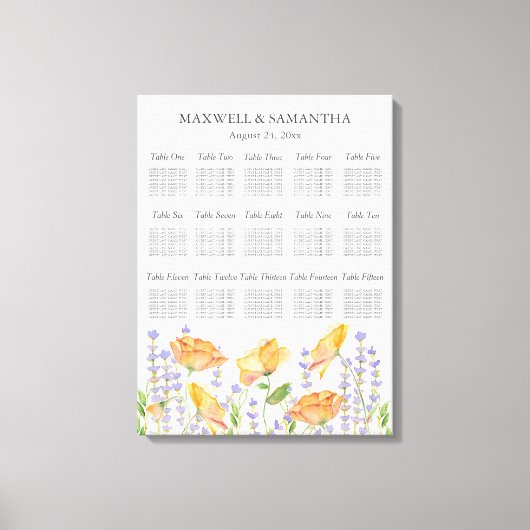 水彩結婚シーティングチャートワイルドフラワーテーマ キャンバスプリント (正面)