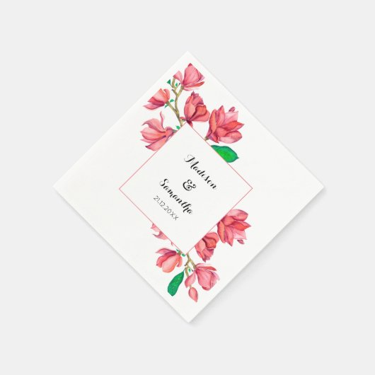 水彩結婚ピンク白マグノリアフローラ スタンダードカクテルナプキン (角)