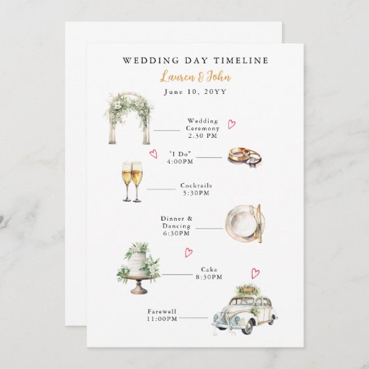 水彩結婚式図解入りの、写真付きののタイムライン プログラム (正面/裏面)