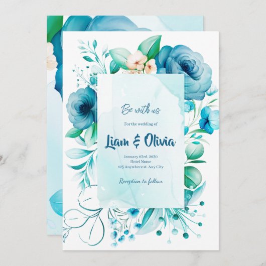 水彩結婚式招待状の青色フローラ シーズンカード (正面/裏面)