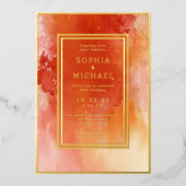 水彩結婚式招待状写真テンプレートサンゴ 箔シーズンカード (正面)