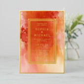 水彩結婚式招待状写真テンプレートサンゴ 箔シーズンカード (立ち正面)