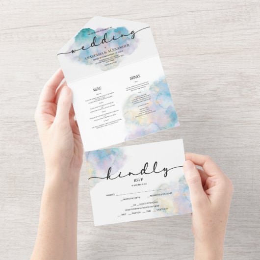 水彩結婚式招待状/rsvp/menu。 オールインワン招待状 (貼ってはがせる)