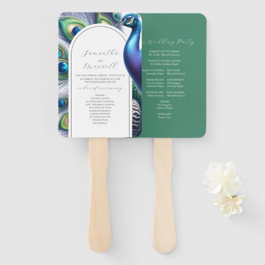 水彩結婚式 プログラム孔雀 ハンドファン (正面&裏面)