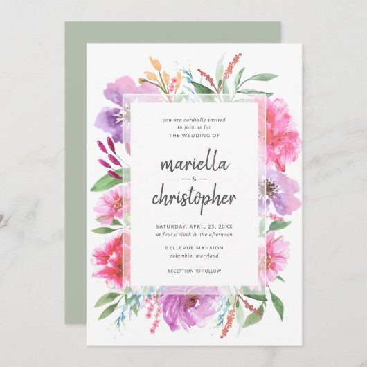 水彩結婚春ブーケモダン招待状 招待状 (正面/裏面)